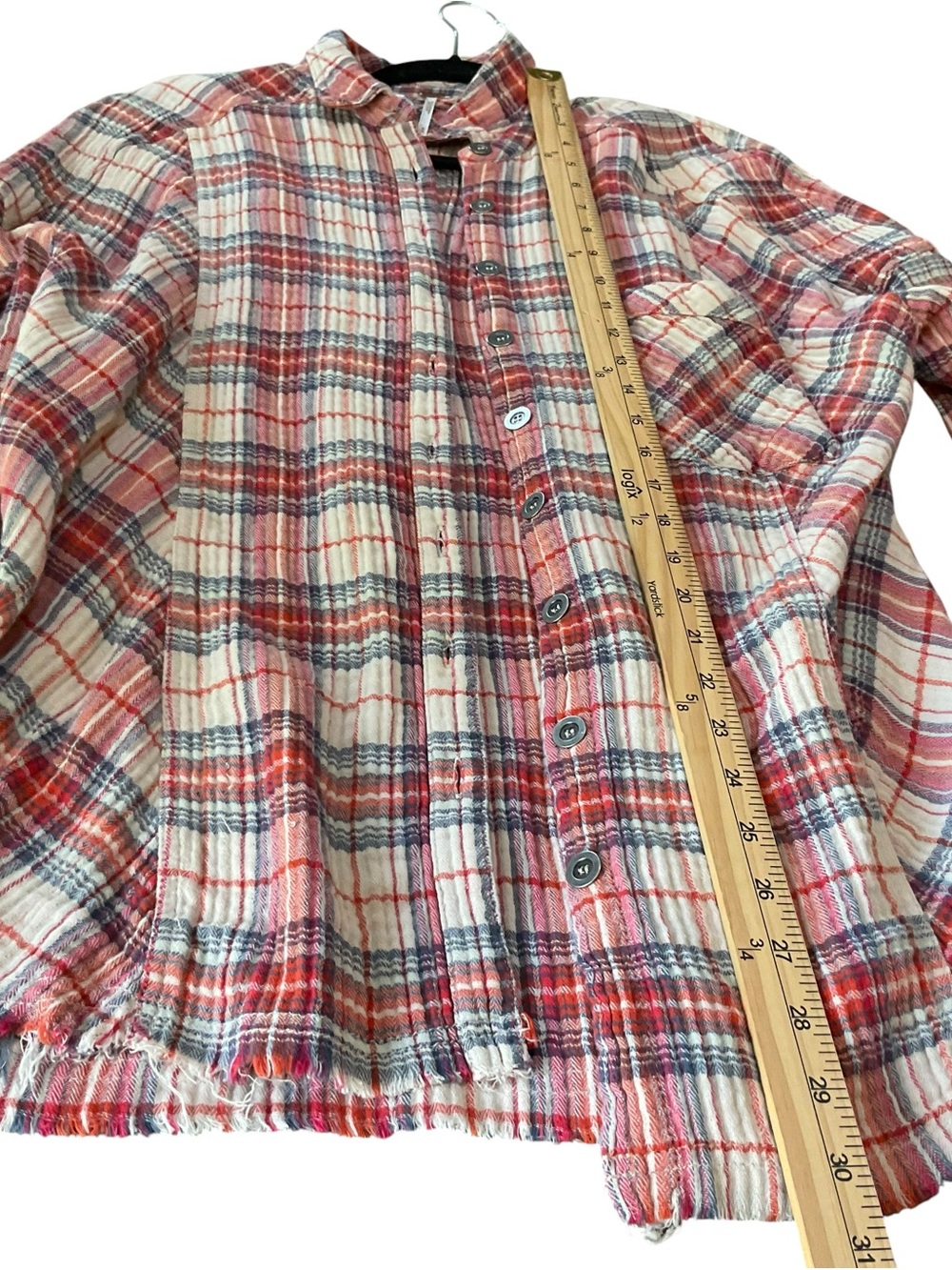 Free People Plaid Button Front Shirt M Frayed Hem Oversized Cotton Flannel Shack - Picture 5 of 7